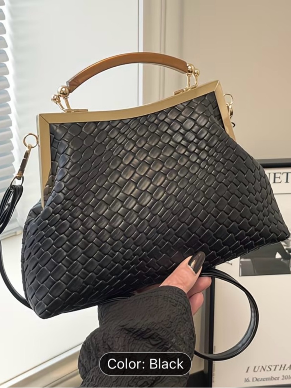 Black Woven Satchel with Gold Frame and Top Handle